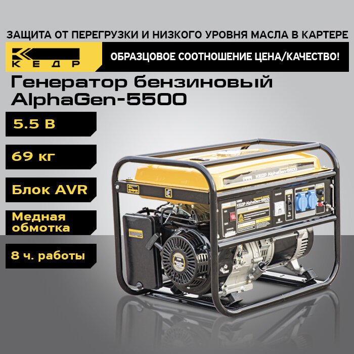 Генератор бензиновый (бензогенератор) 5.5 кВт 220В ручной стартер Одноцилиндровый 4 тактный с принудительным воздушным охлаждением 8024832