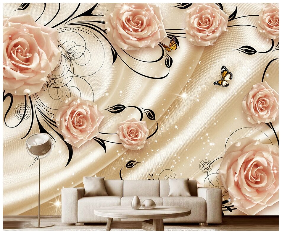 Фотообои на стену флизелиновые 3D Модный Дом "Цветущие розы на атласном фоне" 350x270 см (ШxВ)