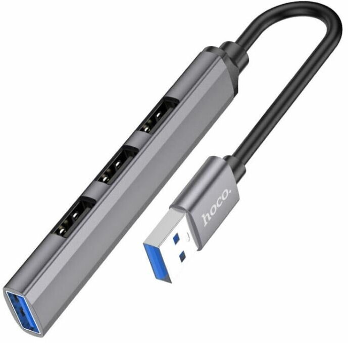 Хаб USB 4 порт Hoco HB26 3xUsb 2.0 1xUSB 3.0 серый металлик