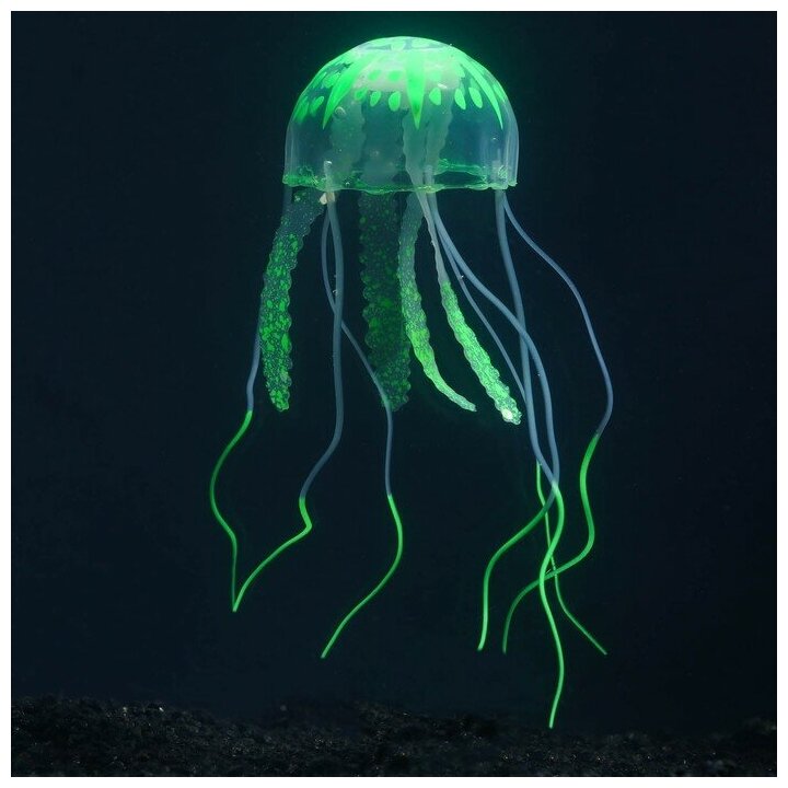 Декор для аквариума "Медуза" силиконовая, с неоновым эффектом, 5 х 5 х 15 см, зелёная - фотография № 1
