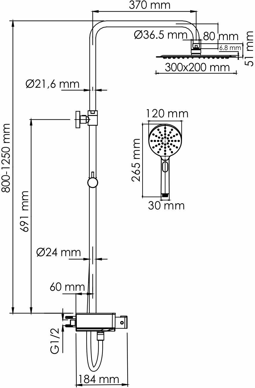 Душевой комплект с термостатическим смесителем, хром, WasserKRAFT A113.069.127. CH Thermo