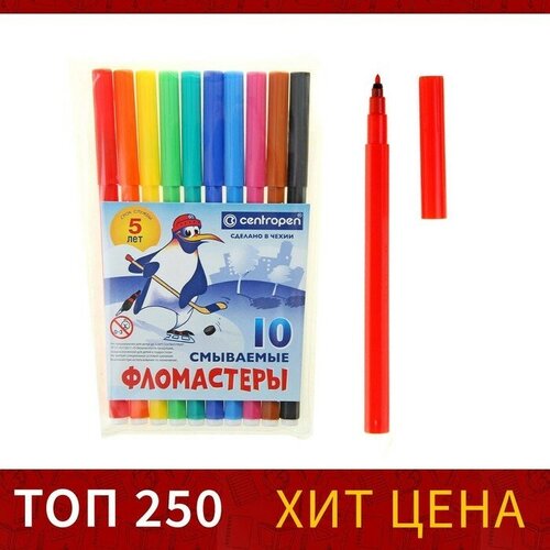 Фломастеры 10 цветов, 1.8 мм Centropen 7790 Пингвины, пластиковый конверт, смываемые