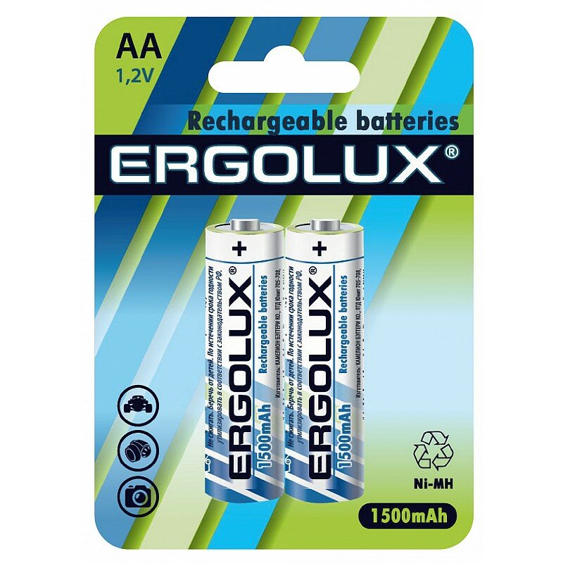 Ergolux AA-1500mAh Ni-Mh BL-2 (NHAA1500BL2, аккумулятор,1.2В) (упак. 2 шт.), цена за 1 упак.