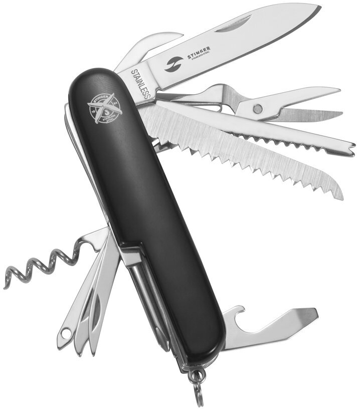 Нож складной Stinger, 93,9 мм, 15 функций, рукоять АБС-пластик, черный, в картонной коробке FK-K5012ALL