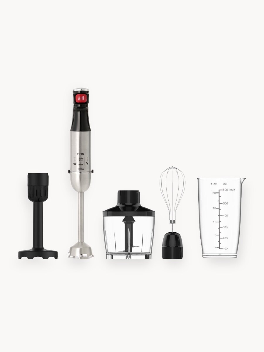 Погружной блендер ARG HB-6010, 1500 Вт, 12 скоростей, турборежим, плавная регулировка скорости, 5 насадок, серебристый