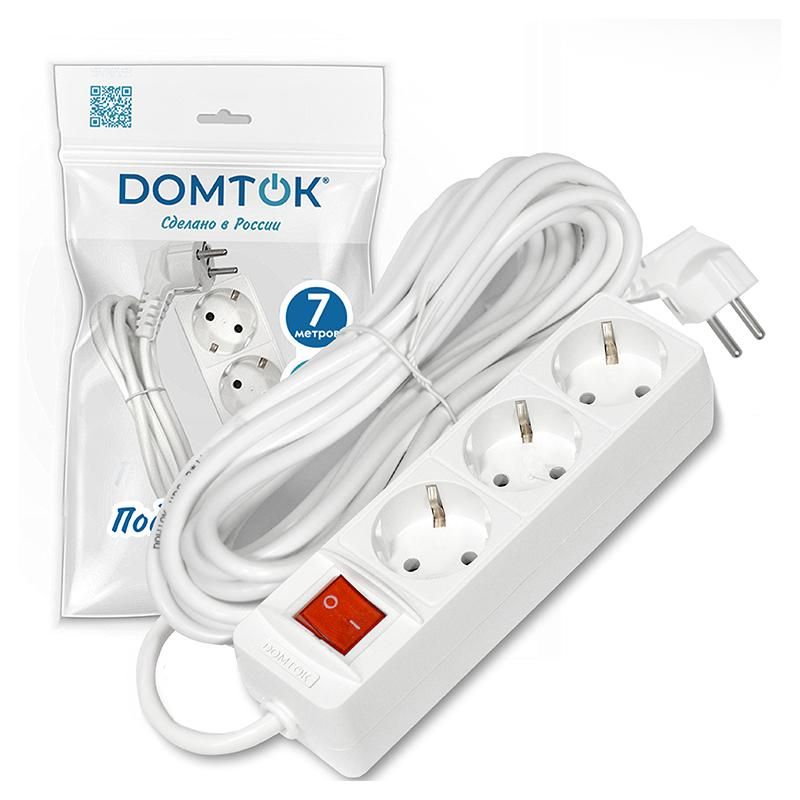 Удлинитель бытовой 3 гнезда 7м с/з, выкл. 3,5кВт, ПВС 3*1, DOMTOK