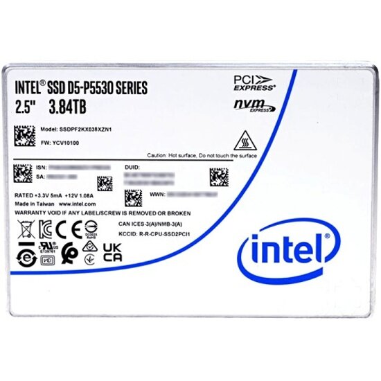 Накопитель SSD Intel Enterprise D5-P5530, 2.5"(U.2 15mm), 3.84 TB, PCIe 4 x4, NVMe, 6500MB/s/3500MB/s, TLC 3D NAND (SSDPF2KX038XZN1)