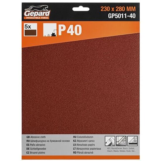 Gepard Шлифлист 230х280мм Р40 бум. осн. 5шт. (GP5011-40) (бумага наждачная абразивная лист шлифовальный абразивный шлифшкурка)