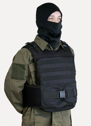 Изображение товара Бронежилет Бр4 класса со стальными бронеплитами, боковой защитой и КАП (черный и черные стропы.)
