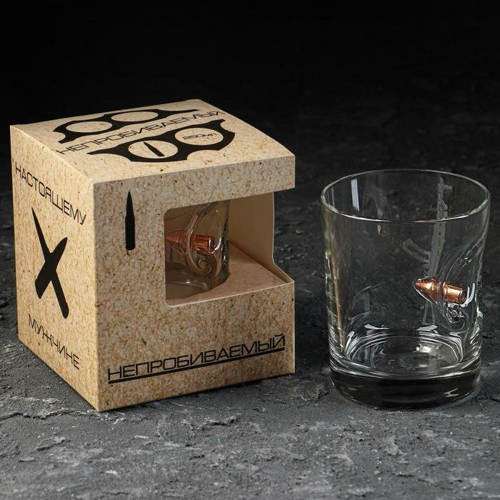 фото Стакан "Непробиваемый", с пулей, для виски, гравировка, 250 мл