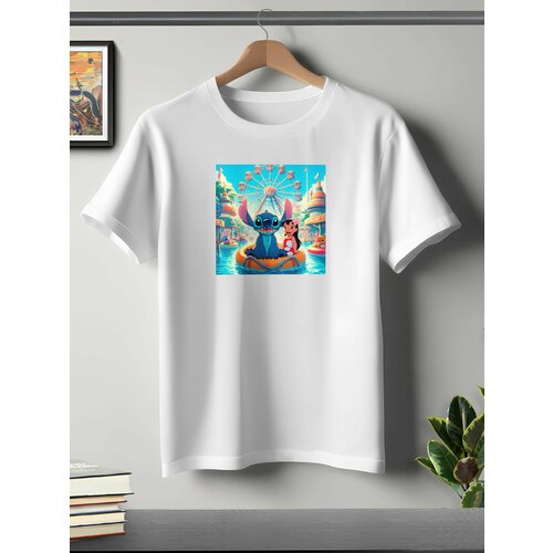 фото Футболка oneq унисекс 56-58 (3xl) размер с принтом стич, белая, размер 3xl, белый