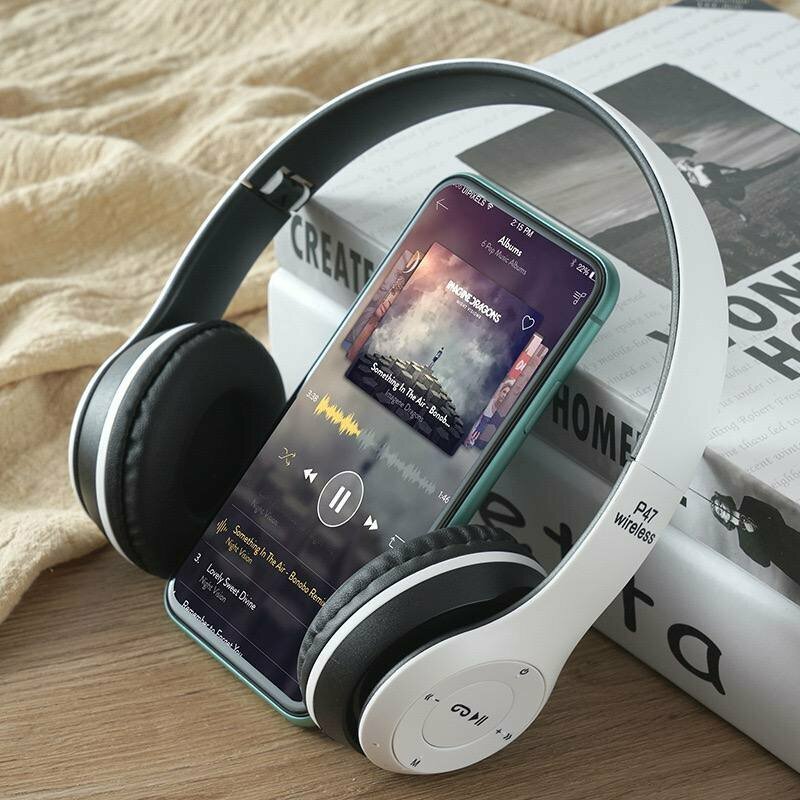 Беспроводные наушники P47 Bluetooth 5.0 EDR Wireless с микрофоном, FM-радио, с поддержкой SD-карты памяти (Mp3-плеер) белый — фото 1