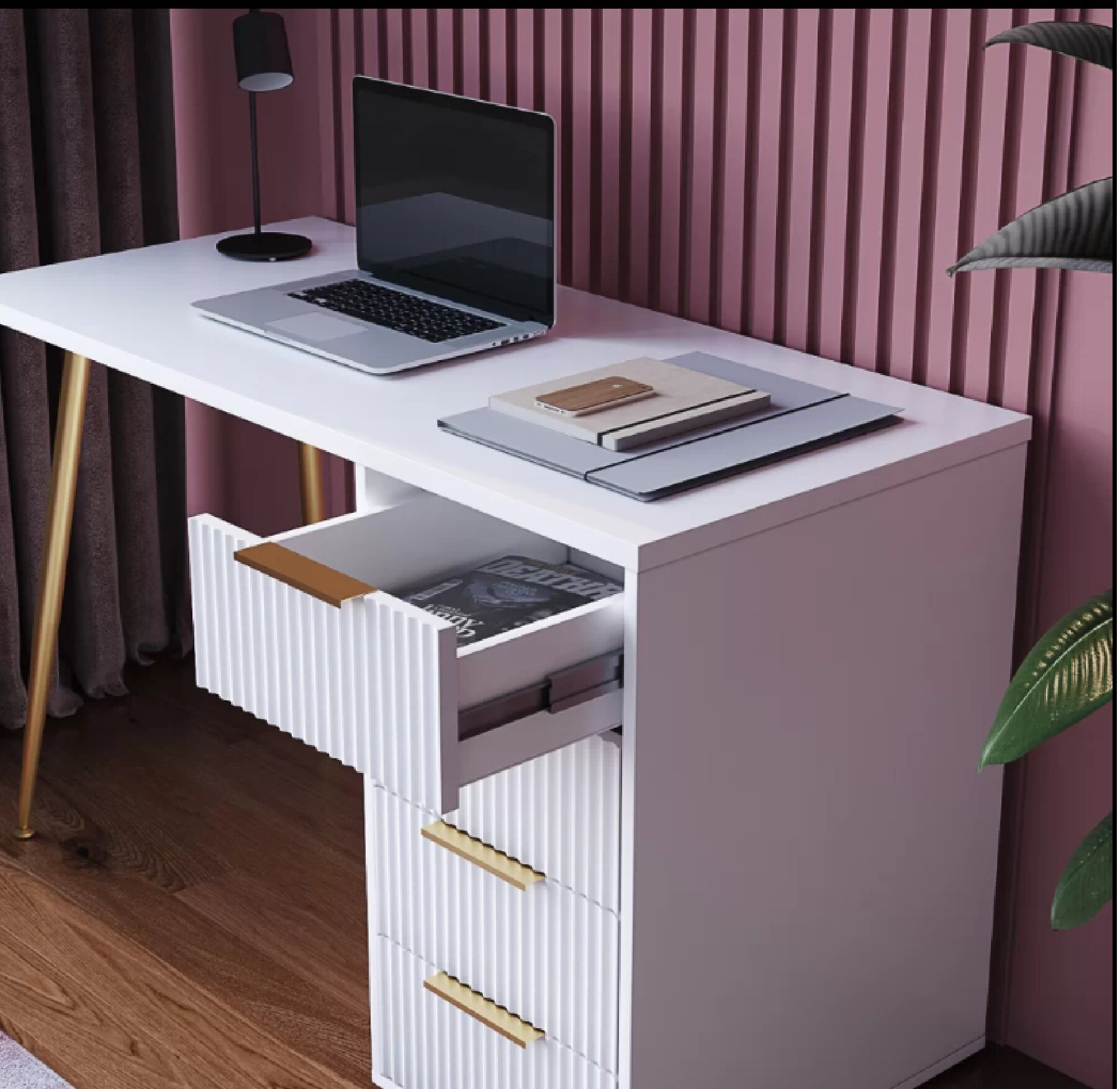 Письменный дизайнерский стол "Волна", с ящиками, с металлическими ножками в цвет золота. Для спальни, для школьника. — фото 1