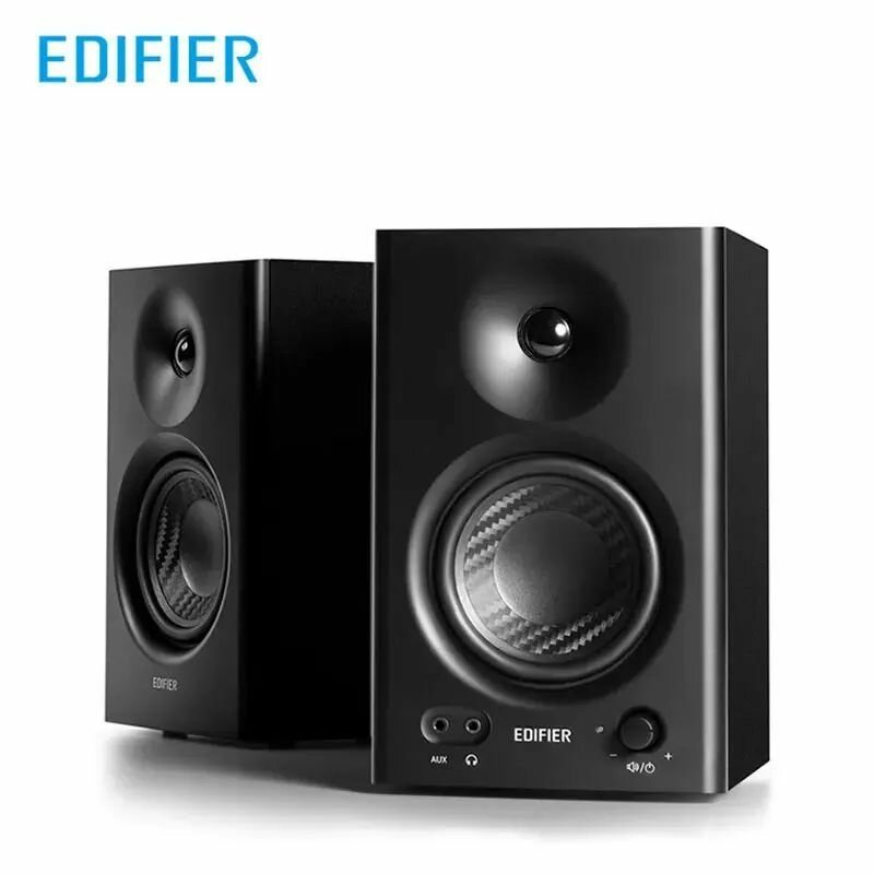 Edifier MR4 Активные студийные мониторные колонки , 4-дюймовый деревянный Hi-Fi аудиоусилитель класса D, вход TRS/RCA/AUX, черный