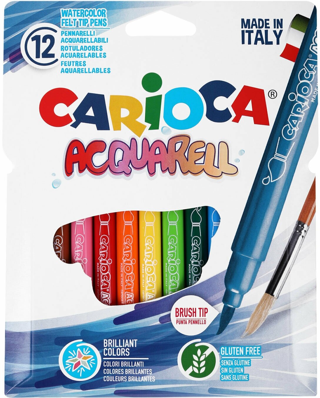 Фломастеры акварельные для рисования для детей набор Carioca (Италия) Aquarell, 12 цветов, наконечник-кисть, смываемые, картонный конверт