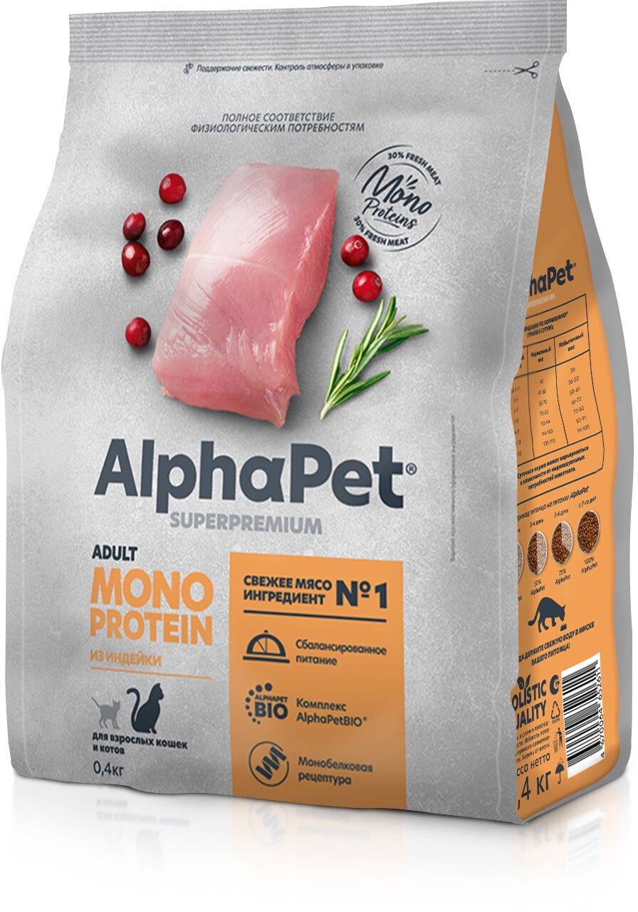 Сухой корм для взрослых кошек AlphaPet Monoprotein из индейки, 400г - фотография № 7