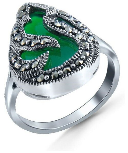 Кольцо Silver WINGS, серебро, 925 проба, агат, марказит, размер 17.5, зеленый