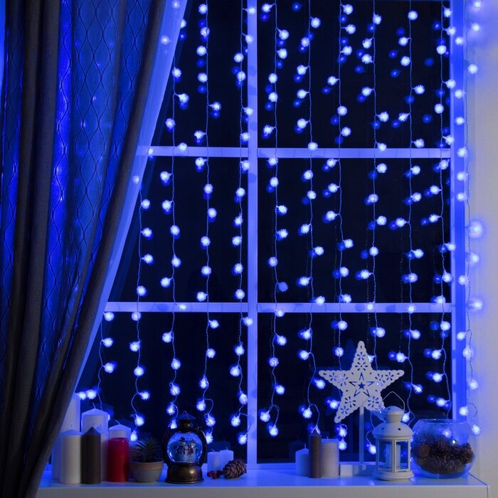 Гирлянда "Занавес" 2 х 1.5 м с насадками "Ёжики", IP20, прозрачная нить, 360 LED, свечение синее, 8 режимов, 220 В