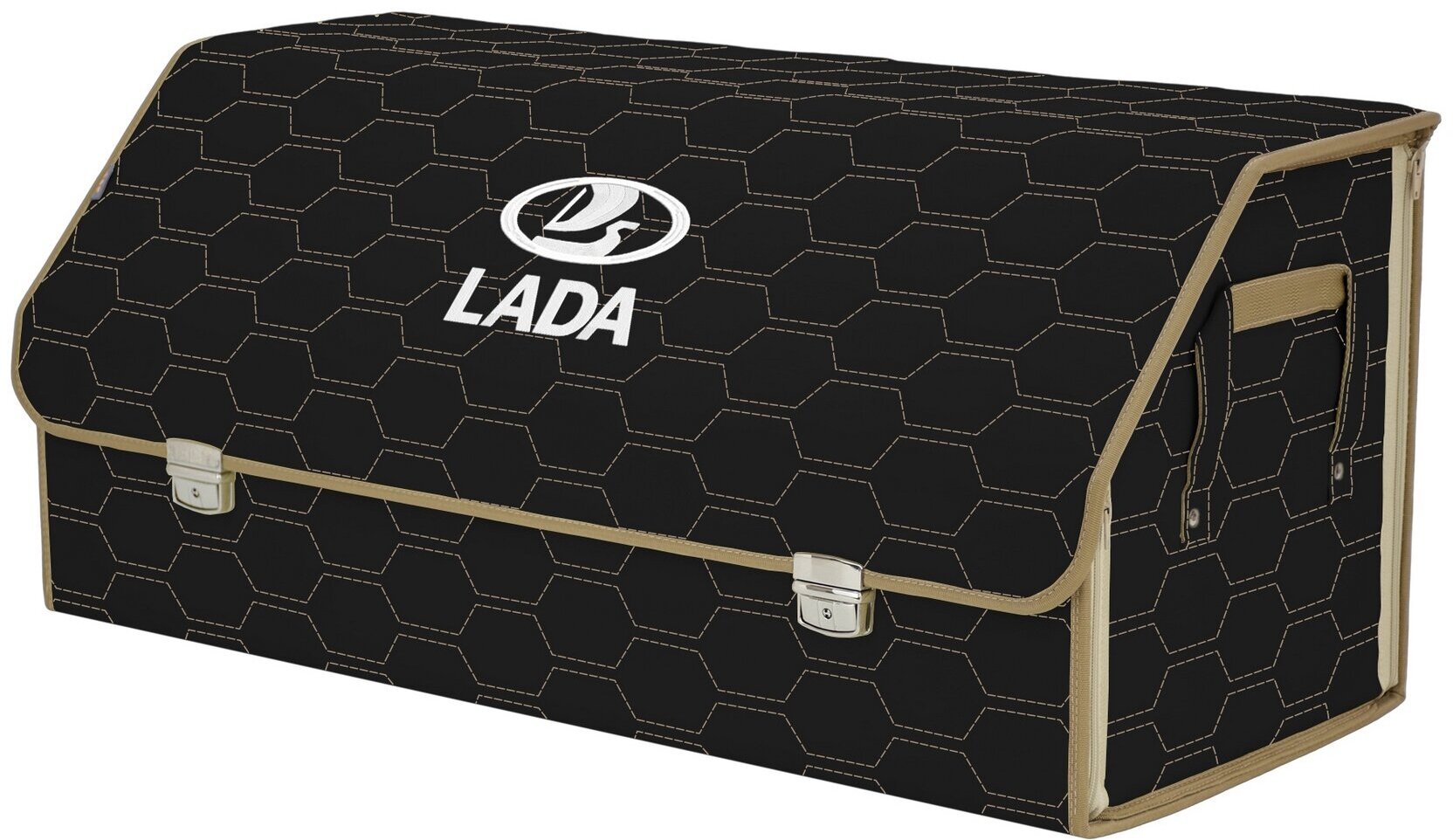 Органайзер-саквояж в багажник "Союз Премиум" (размер XXL). Цвет: черный с бежевой прострочкой Соты и вышивкой LADA (лада).