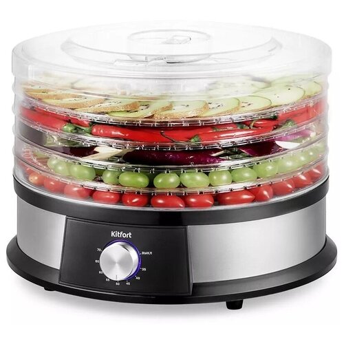 Сушилка для овощей и фруктов KitFort КТ-1930 нержавеющая стальчерный 5 поддонов 446600₽