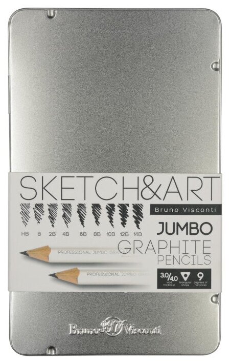 Набор карандашей чернографитных Sketch Art JumboHB-14B 9шт в мет. кор21-0067 1543616