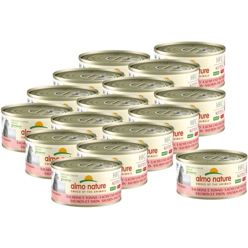 Almo Nature консервы для котят Итальянские рецепты: Лосось и Тунец (HFC - Complete - Made in Italy - Kitten Salmon and Tuna) 0,07 кг. х 16 шт. almo nature полнорационные консервы для пожилых кошек итальянские рецепты лосось и тунец с цуккини hfc complete made in italy adult salmon and tuna 0 07 кг х 16 шт