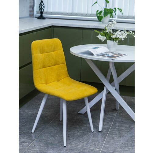 Тедди Мягкие Стулья для кухни / набор стульев/ Стул обеденный /стул велюр, цвет желтый с белыми ножками /3 шт