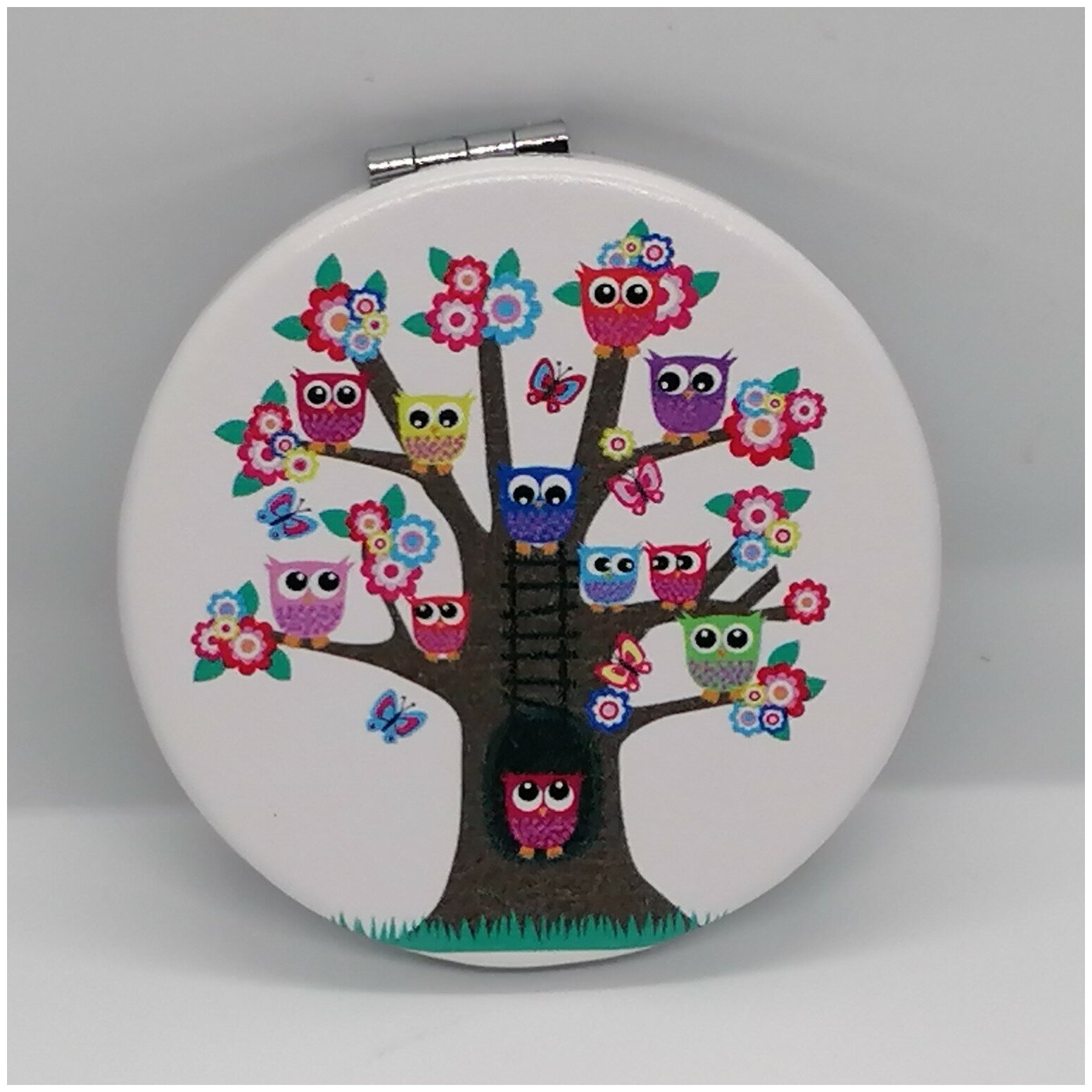 Зеркало кожаное, круглое "Совы на дереве"