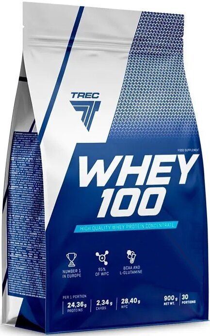 Протеин сывороточный натуральный Whey 100 900 г, клубника, Trec Nutrition, (белковый коктейль для набора мышечной массы, концентрат белка, спортивное питание, protein)