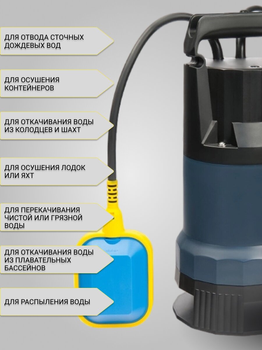 Насос дренажный для чистой/грязной воды погружной 0,85 кВт, до 14400 л/час, глубина погружения до 5м - фотография № 5