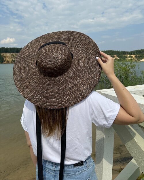 Шляпа с черной лентой, Шляпа женская летняя, Шляпа пляжная, Трендовая шляпа с широкими полями