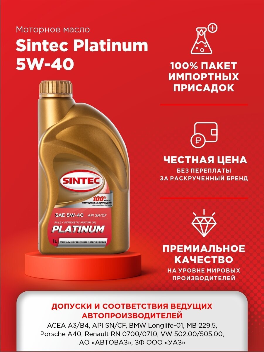 SINTEC Масло Sintec Platinum 5w40 1л Sn/Cf,A3/B4,Ll-01,Mb229.5,Rn0700/0710,Vw502/505 Синтетика Россия