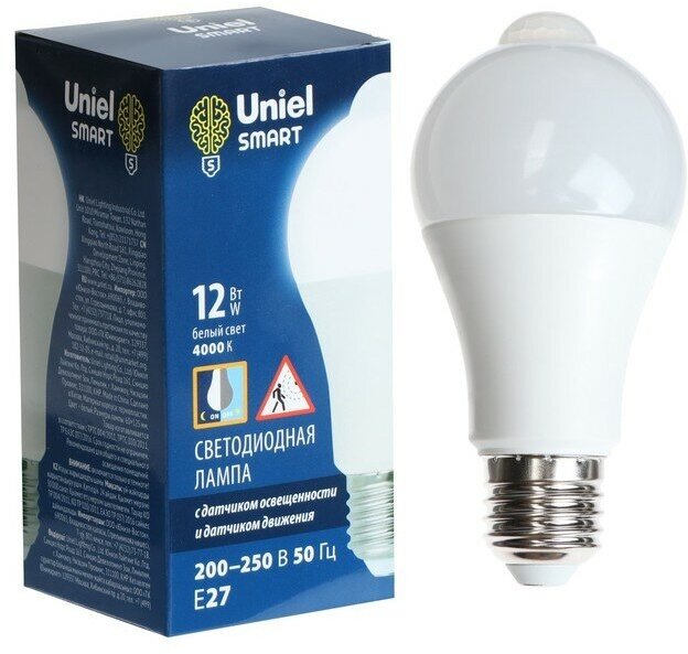 Светодиодная лампа Uniel, LED-A60-12W, 12 Вт, 4000 K, E27, PLS10WH, датчик освщенности, движ