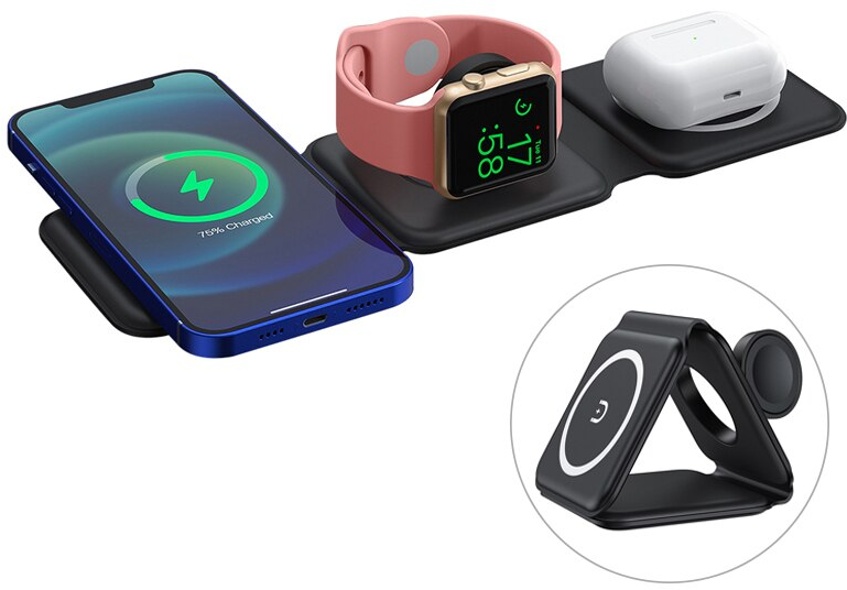 Беспроводное магнитное зарядное устройство 3-в-1 / дляартфона / часов / наушников / iPhone+iWatch+AirPods / черный