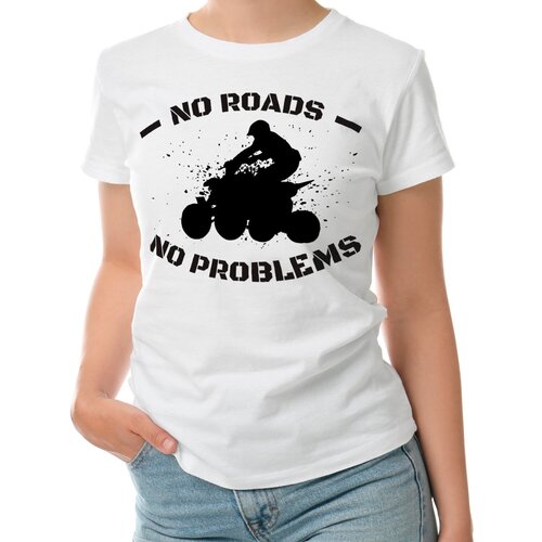 Женская футболка «Квадроцикл Нет дорог нет проблем» (L, белый)