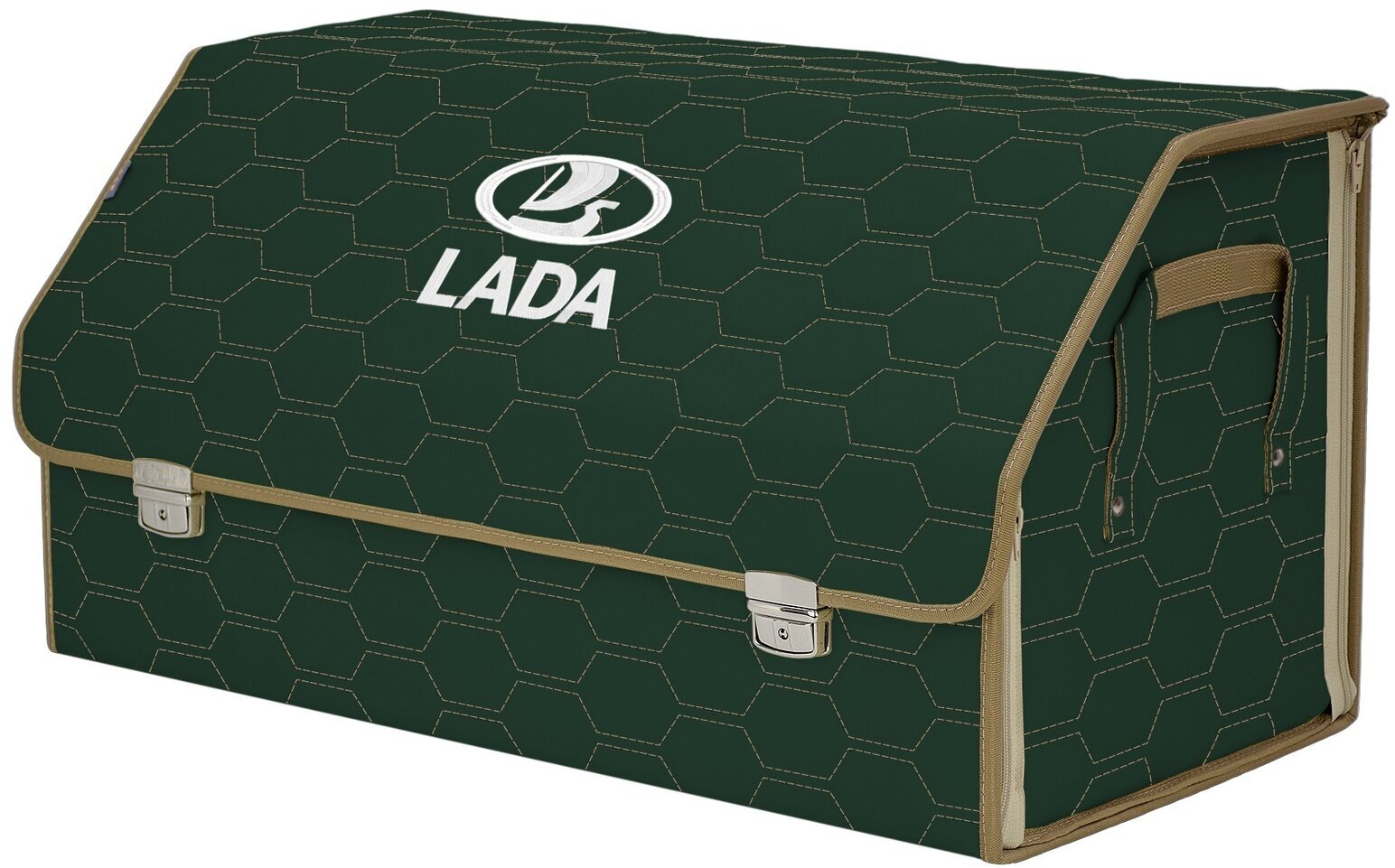Органайзер-саквояж в багажник "Союз Премиум" (размер XL Plus). Цвет: зеленый с бежевой прострочкой Соты и вышивкой LADA (лада).