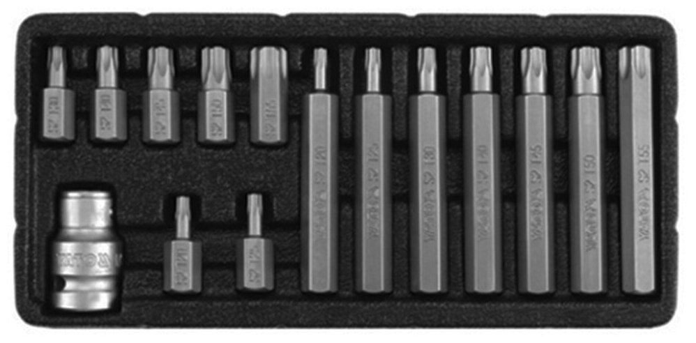 Набор бит 1/2 inch, TORX (с отверстием), 15 пр (L=30 мм, L=75 мм): T20, T25, T30, T40, T45, T50, T55, в метал. боксе YATO YT-0417 | цена за 1 шт