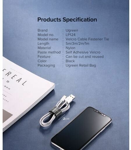 Лента-липучка UGREEN 40356_ для стяжки кабелей, 20mm, 5 м, черная - фото №9