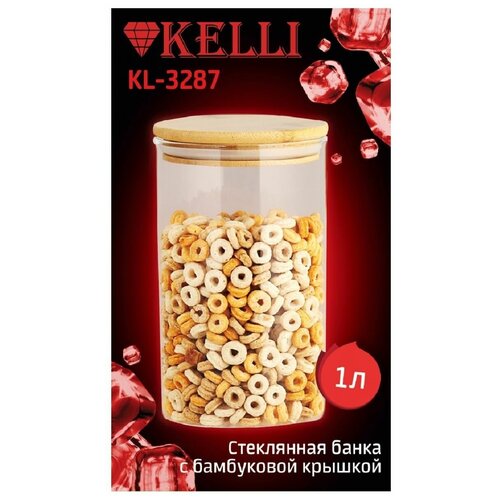 Стеклянная банка для сыпучих KELLI-3287 с бамбуковой крышкой объём: 1 л