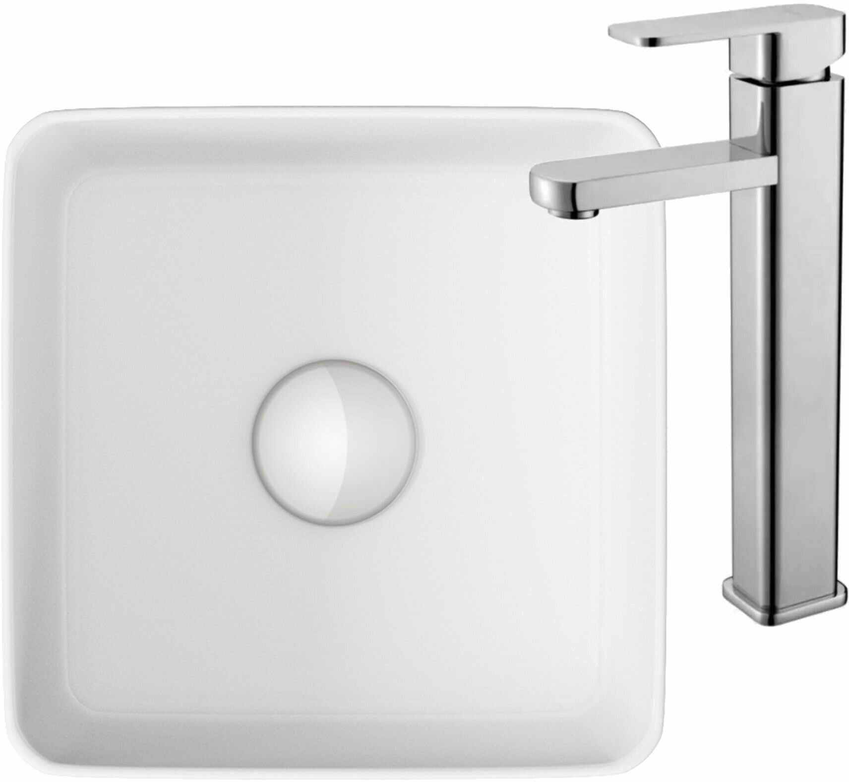 фото Раковина накладная со смесителем (BAU Mini квадратная 24х24 белая + смеситель для раковины высокий Potato Hotel, хром)