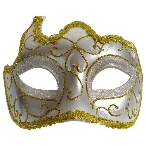 Ассиметричная белая маска с золотым узором (13571) блестящая венецианская маска белая 8785
