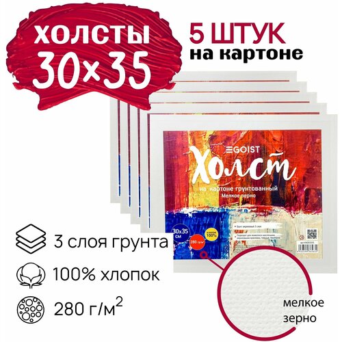 Грунтованный холст на картоне 30x35 см Egoist, набор холстов 5 штук, 100% хлопок, плотность 280 г/м2.