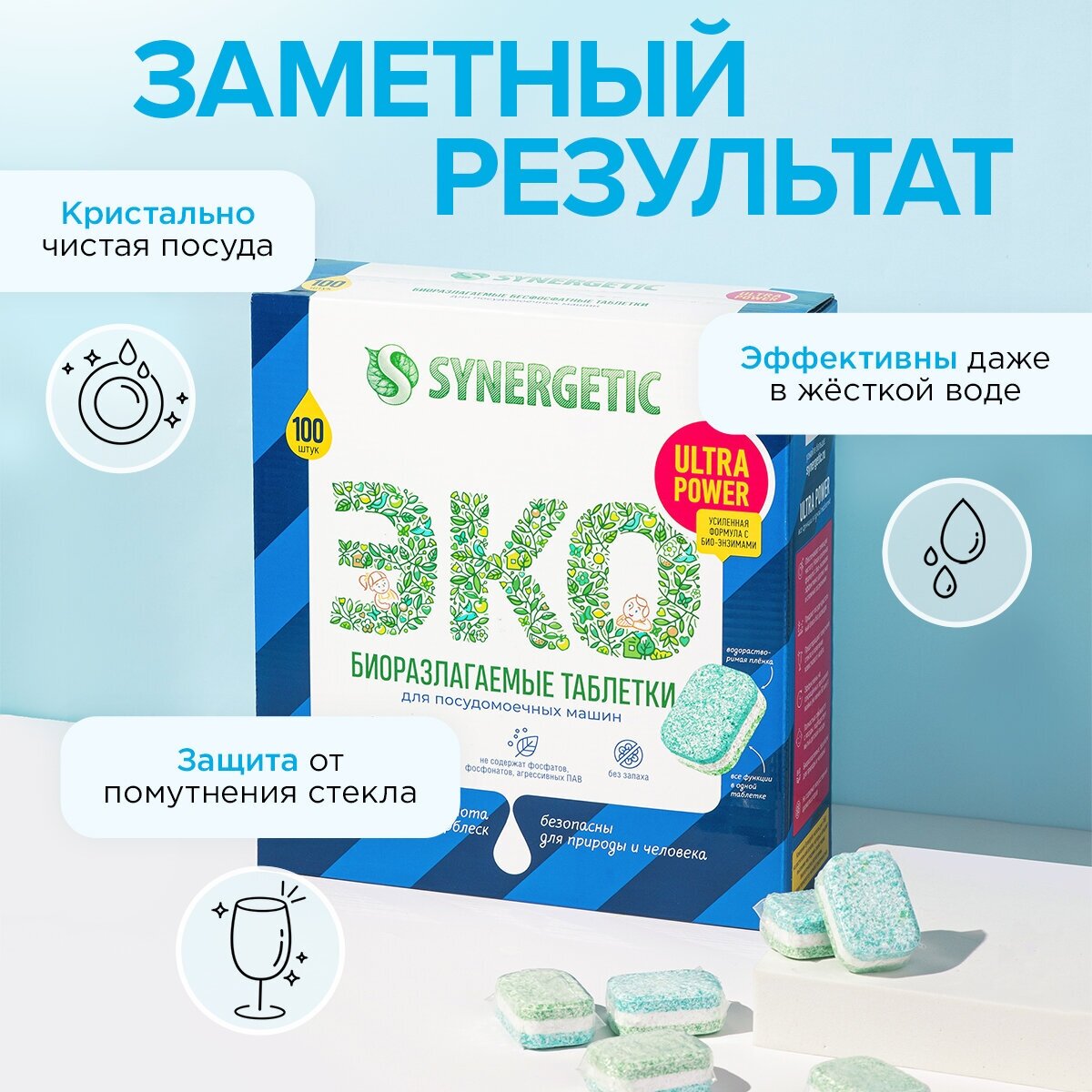 Таблетки для посудомоечных машин SYNERGETIC ULTRA POWER 100 шт, без запаха, бесфосфатные, биоразлагаемые, усиленная формула с био-энзимами