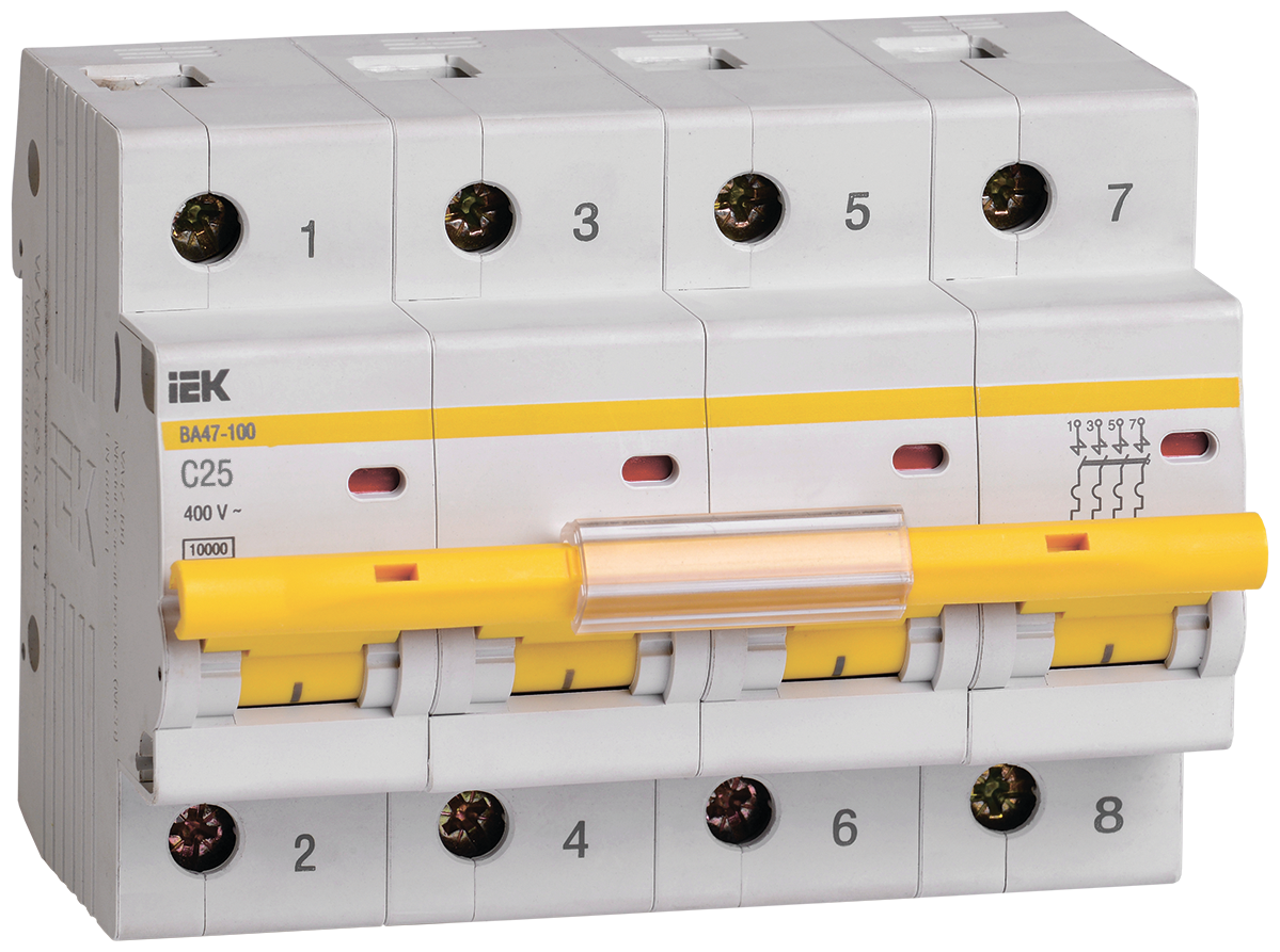 Автоматический выключатель IEK ВА 47-100 4Р 25А 10 кА х-ка С Mva40-4-025-c .