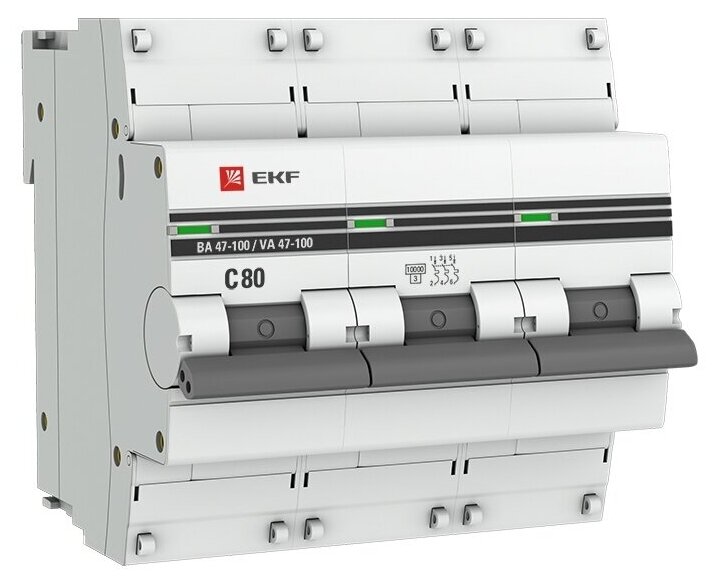 Автоматический выключатель Ekf 3п C 80А 10кА ВА 47-100 PROxima, mcb47100-3-80C-pro