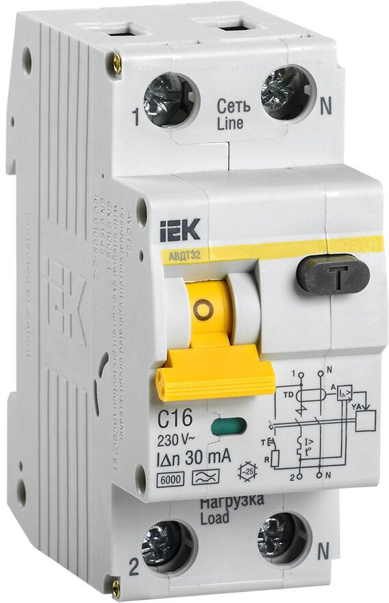 Выключатель автоматический IEK дифференциальный, АВДТ-32, 1P-N, 16А, 30мА, C, электронный