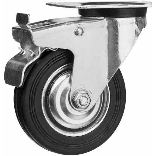 Колесо поворотное ЗУБР с тормозом d 100 мм. г/п 70 кг. резина/металл игольчатый подшипник