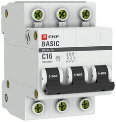 Автоматический выключатель 3P 16А (C) 4,5кА ВА 47-29, EKF Basic