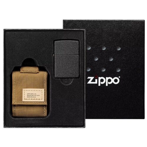 Подарочный набор: Зажигалка Бензиновая Zippo Black Crackle и коричневый нейлоновый чехол ZIPPO 49401