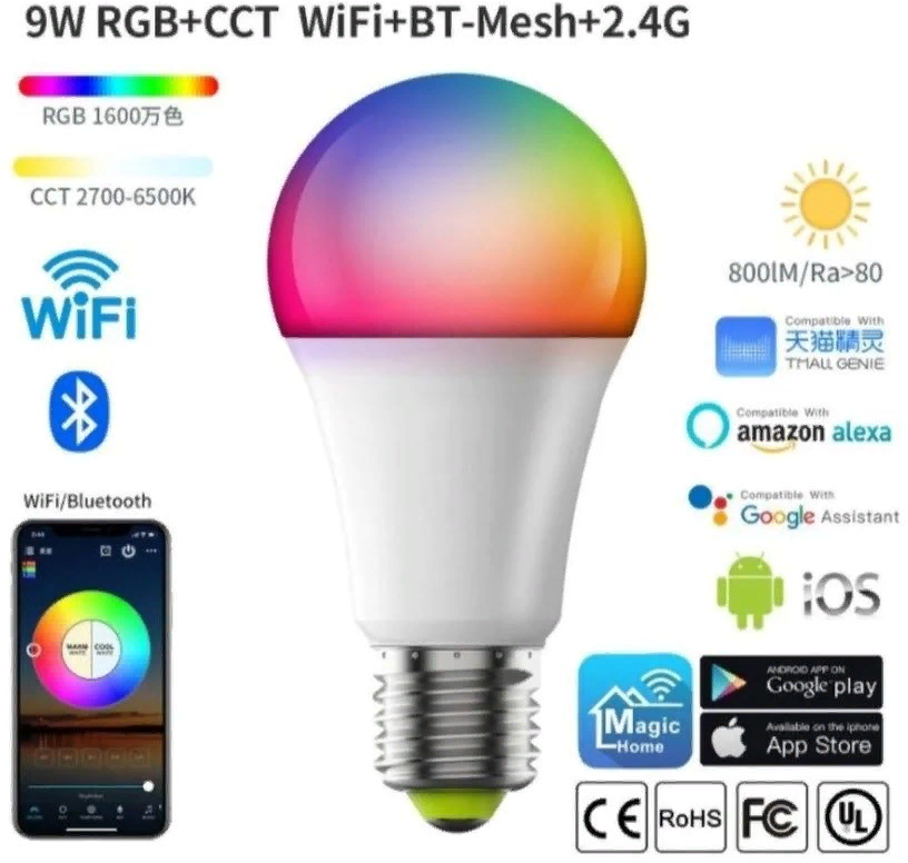 Умная светодиодная RGB лампочка E27 9W с Wi-Fi, Алисой